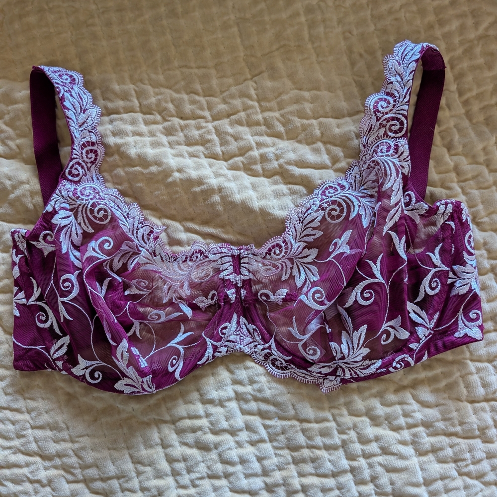 Soma Plum Mesh Underwire Bra with White Floral Embroidery